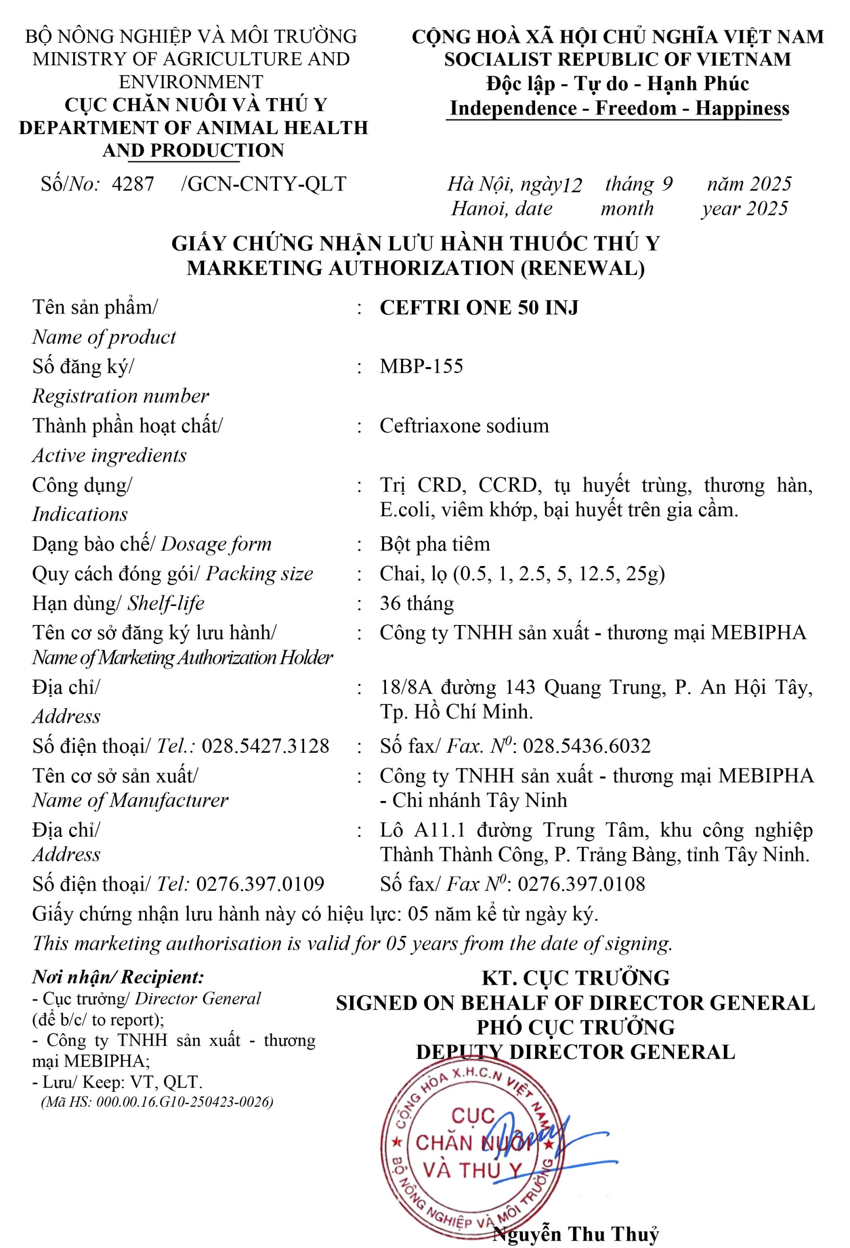 MBP-155 CEFTRI ONE 50 INJ